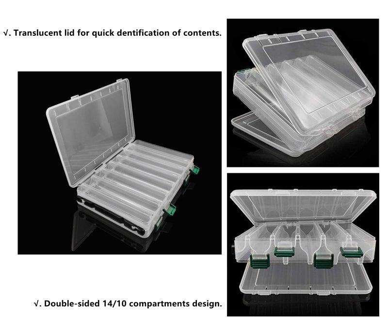 Milepetus Double-Sided Fishing Lure Hook Tackle Box Visible Hard Plastic Clear Fishing Lure Bait Squid Jig Minnows Hooks Accessory Storage Case Container (Clear-14 Slots) - Image 1